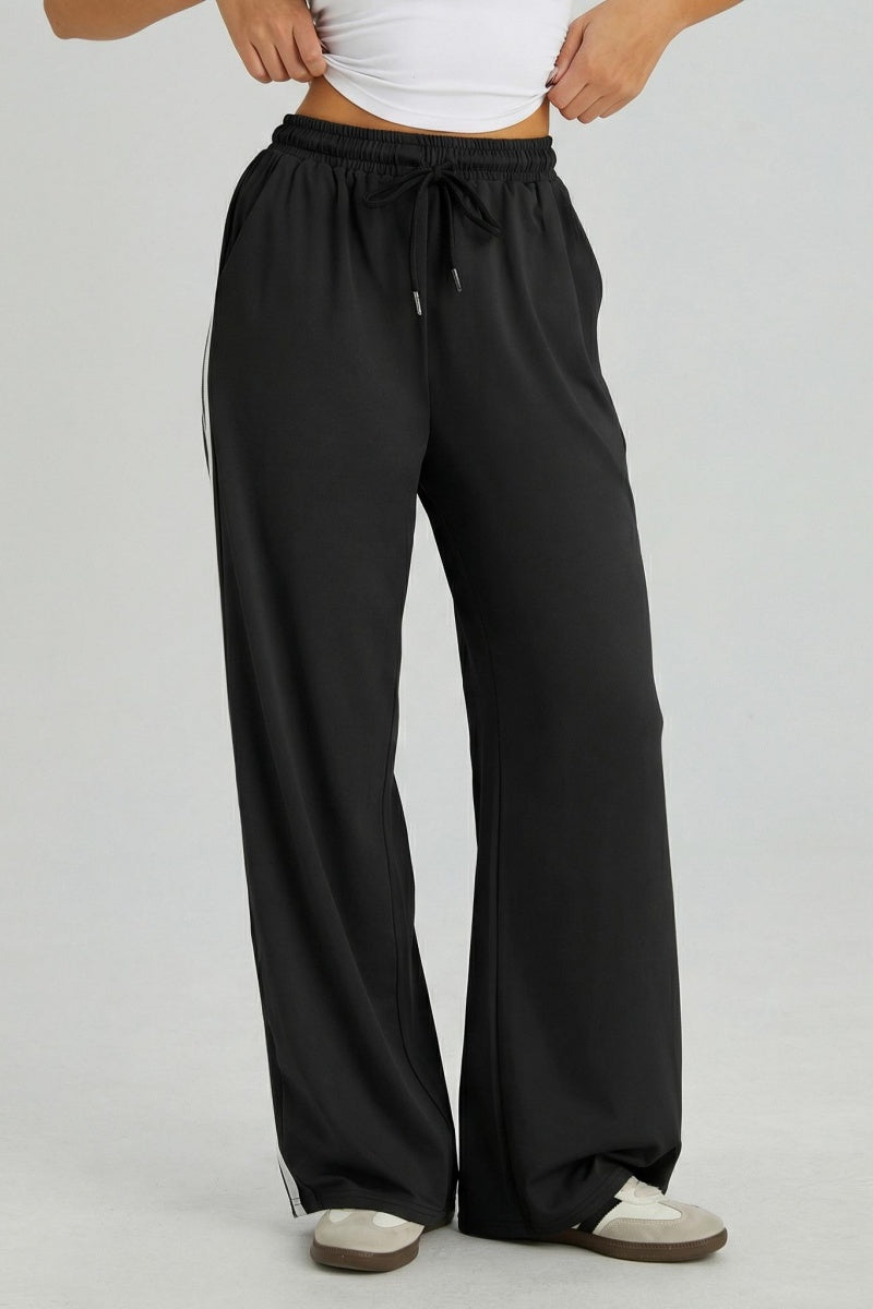 KATCH ME UK Katch Me Look UK Women's Casual High Waist Striped Wide Leg Trousers, Sporty Drawstring Waist Side Pocket Outfit, Minimalist Versatile Women's Bottom