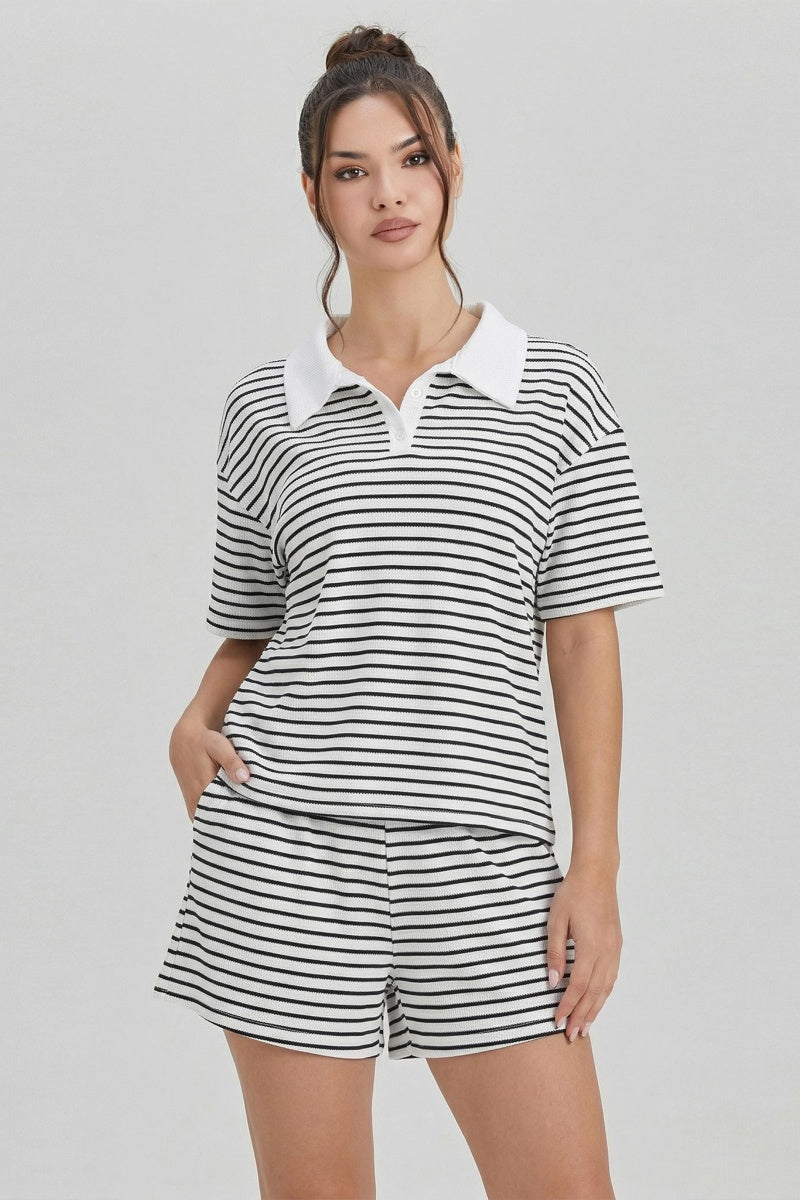 Katch Me Look UK Women's Casual Stripe Partial Button Loose Short Sleeve Top & Shorts Co-ord, Breathable Skin-Friendly Two Piece Sets, Durable Anti-Pilling Daily Outfit