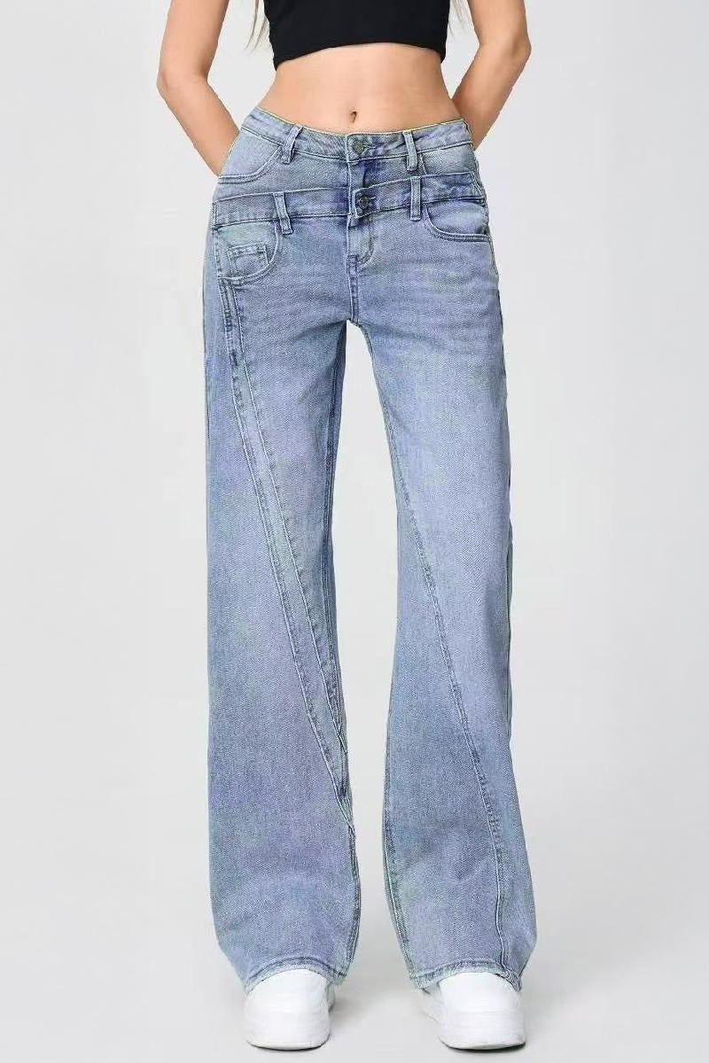 KATCH ME Vintage High-Waist Patchwork Fake Two-Piece Stretchy Denim Wide Leg Jeans