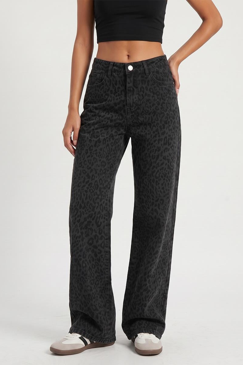 KATCH ME Classic Lightweight Leopard Print Mid-Rise Denim Wide Leg Jeans