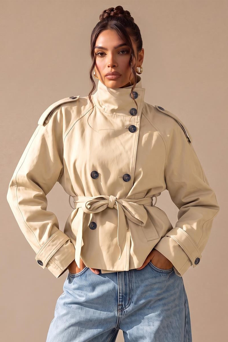KATCH ME UK KatchMe Women's Versatile Stand Collar Button-Up Trench Coat with Detachable Waist Belt, Cozy Windproof Long Sleeve Outerwear for Fall & Winter, Commuter Solid Color Daily Outfit