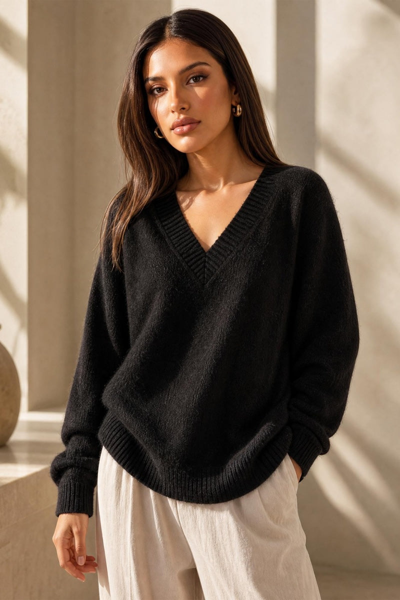 KATCH ME V-Neck Loose Knit Fuzzy Long Sleeve Sweater