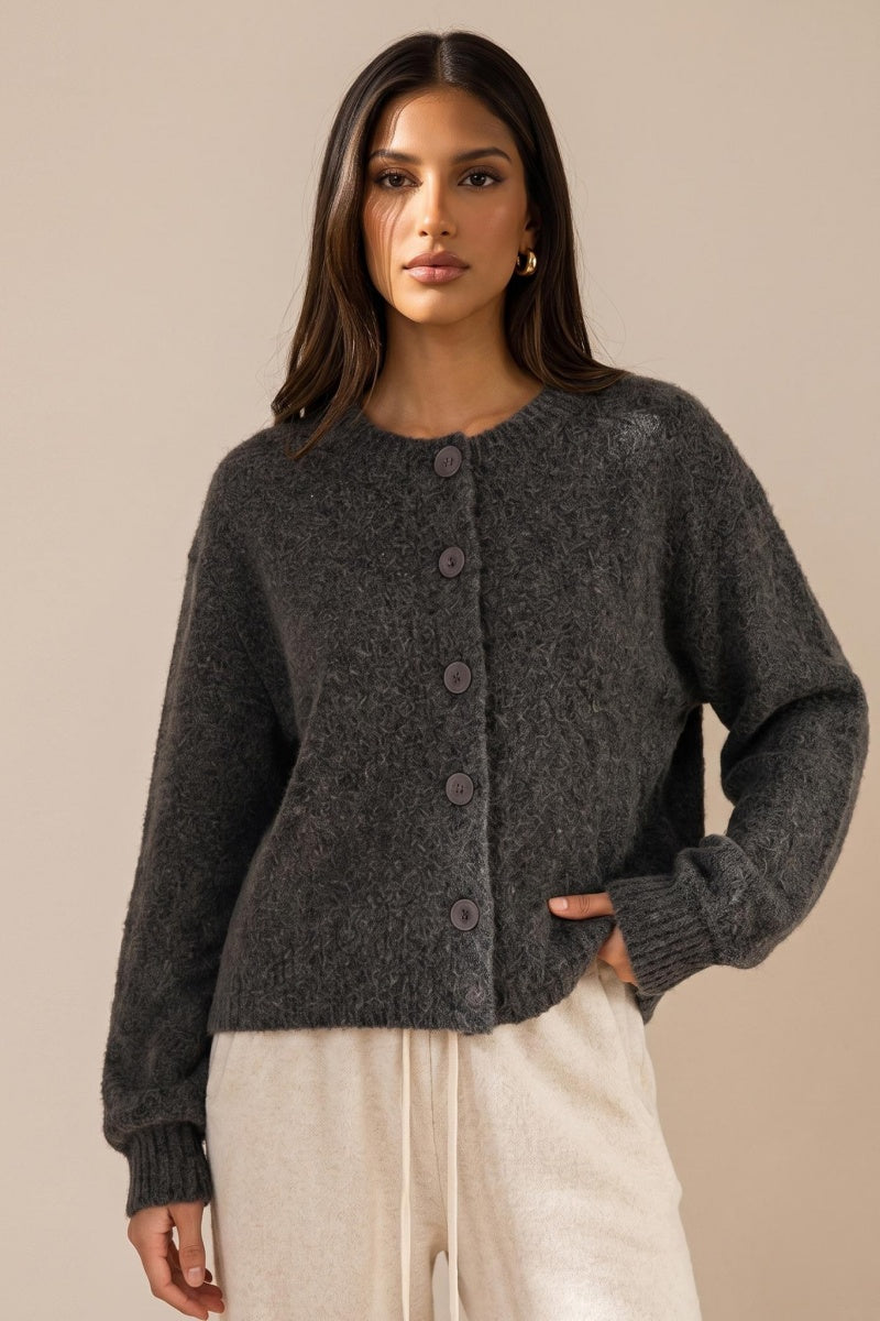 KatchMe Women's Slouchy Button-Up Knit Cardigan, Soft Long Sleeve Thermal Cropped Sweater, Cozy Stretchy Layering Knitwear for Fall & Winter