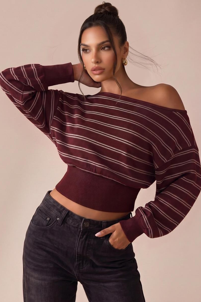 KATCH ME Striped Off-the-Shoulder Knit Sweater