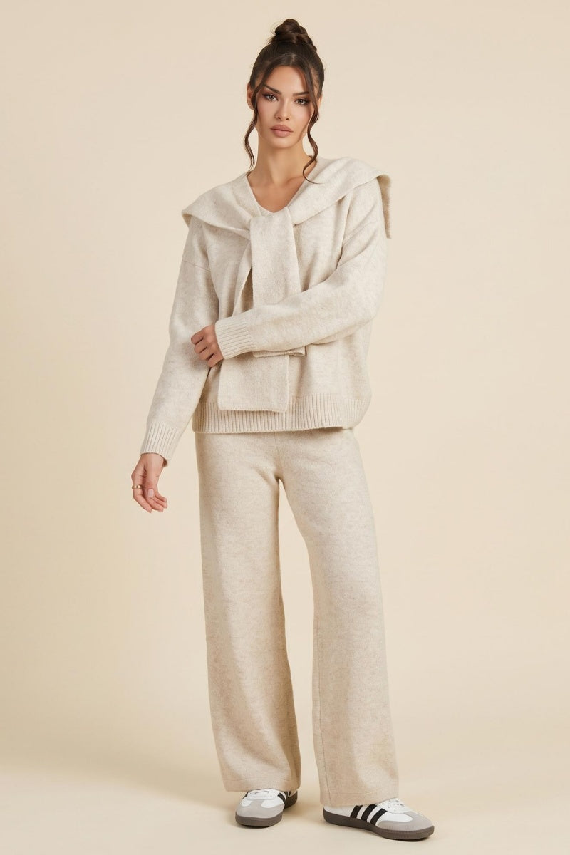KATCH ME Women's Thermal Sweater with Scarf & Wide Leg Trousers Co-ord