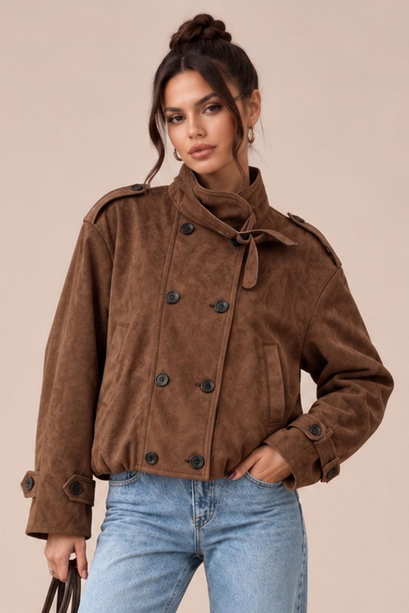 KATCH ME UK KatchMe Women's Vintage Stand Collar Faux Suede Bomber Jacket, Soft Double Breasted Windproof Warm Outerwear with Side Pockets, Fall & Winter Thermal Daily Outfit