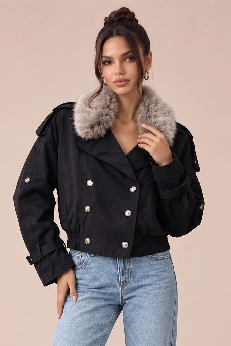 KATCH ME Women's Plush Collar Double-Breasted Windproof Jacket