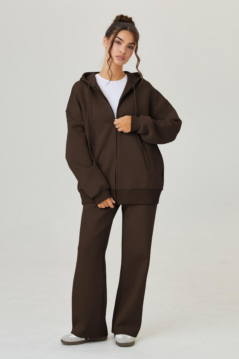 KatchMe Women's Casual Solid Color Long Sleeve Double Zipper Hoodie & Drawstring Waist Wide Leg Trousers Co-ord, Cozy Two Piece Outfits, Basic Womenswear