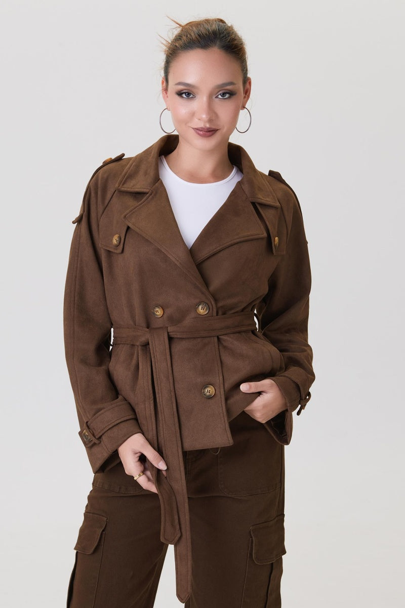 KatchMe Women's Classy Solid Color Notch Lapel Double Breasted Waist Tie Jacket, Cozy Fall & Winter Button Epaulets Outerwear, Basic Lady Streetwear