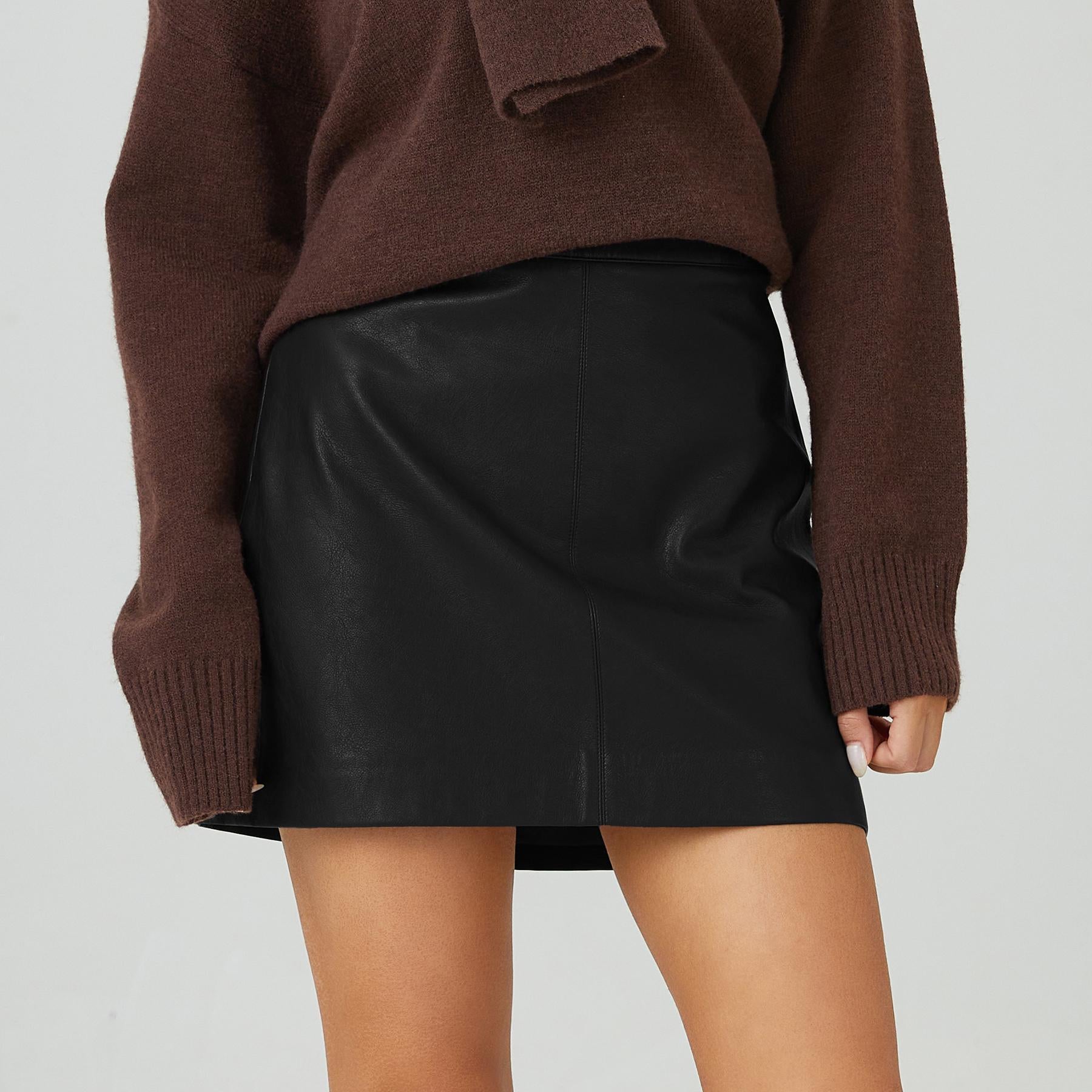 KATCH ME Solid Color High Waist Invisible Zipper PU A-Line Mini Skirt