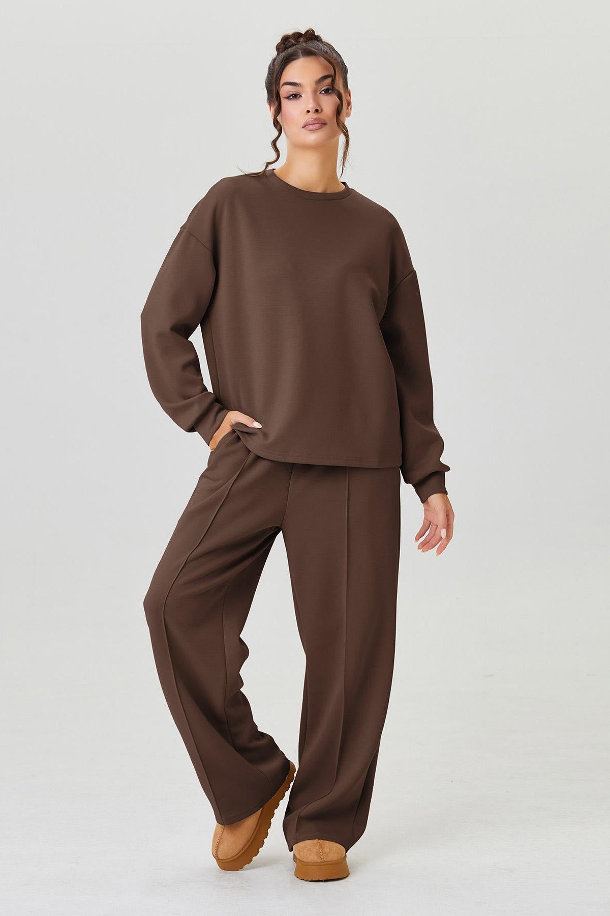 KATCH ME Round Neck Loose Top & Exposed Stitches Trousers Co-ord Set
