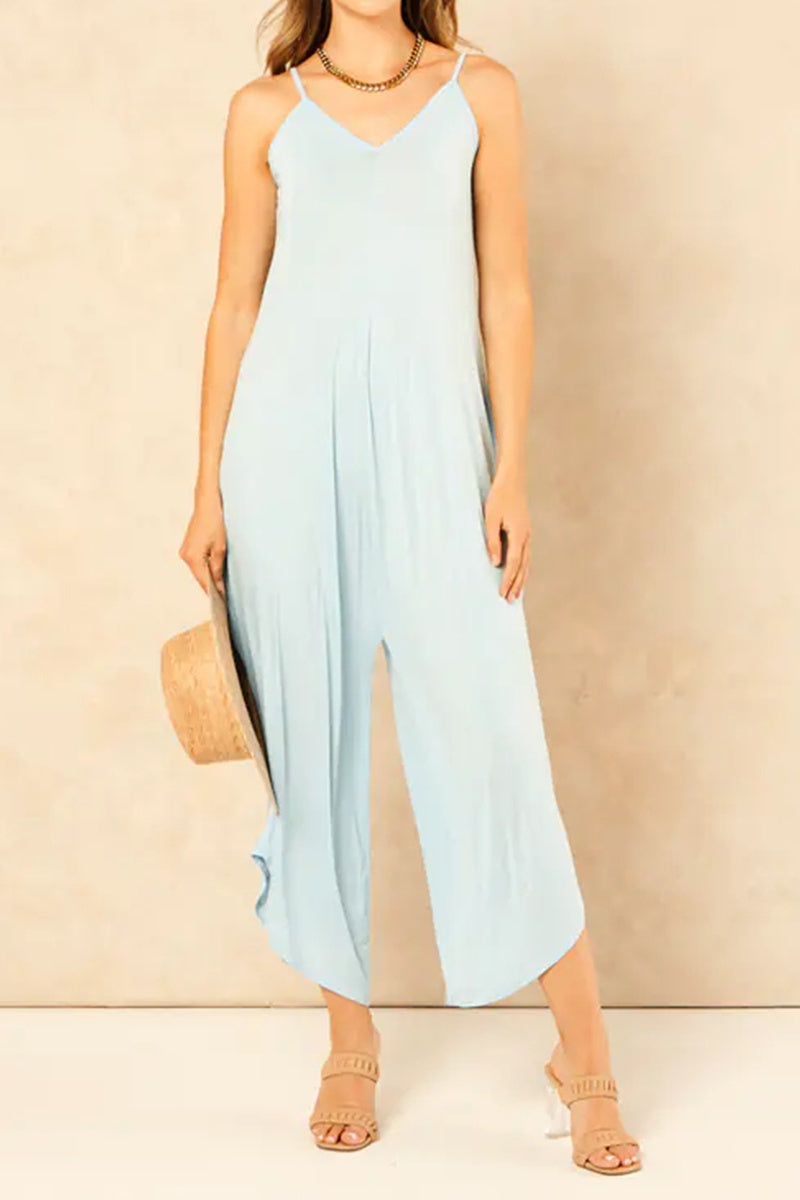 KatchMe Women's Slouchy Thin Strap Low Neckline Baggy Wide Leg Jumpsuit,Versatile Stretchy Womenswear,Holiday Jumpsuits,Plain Womens Wide Leg Romper