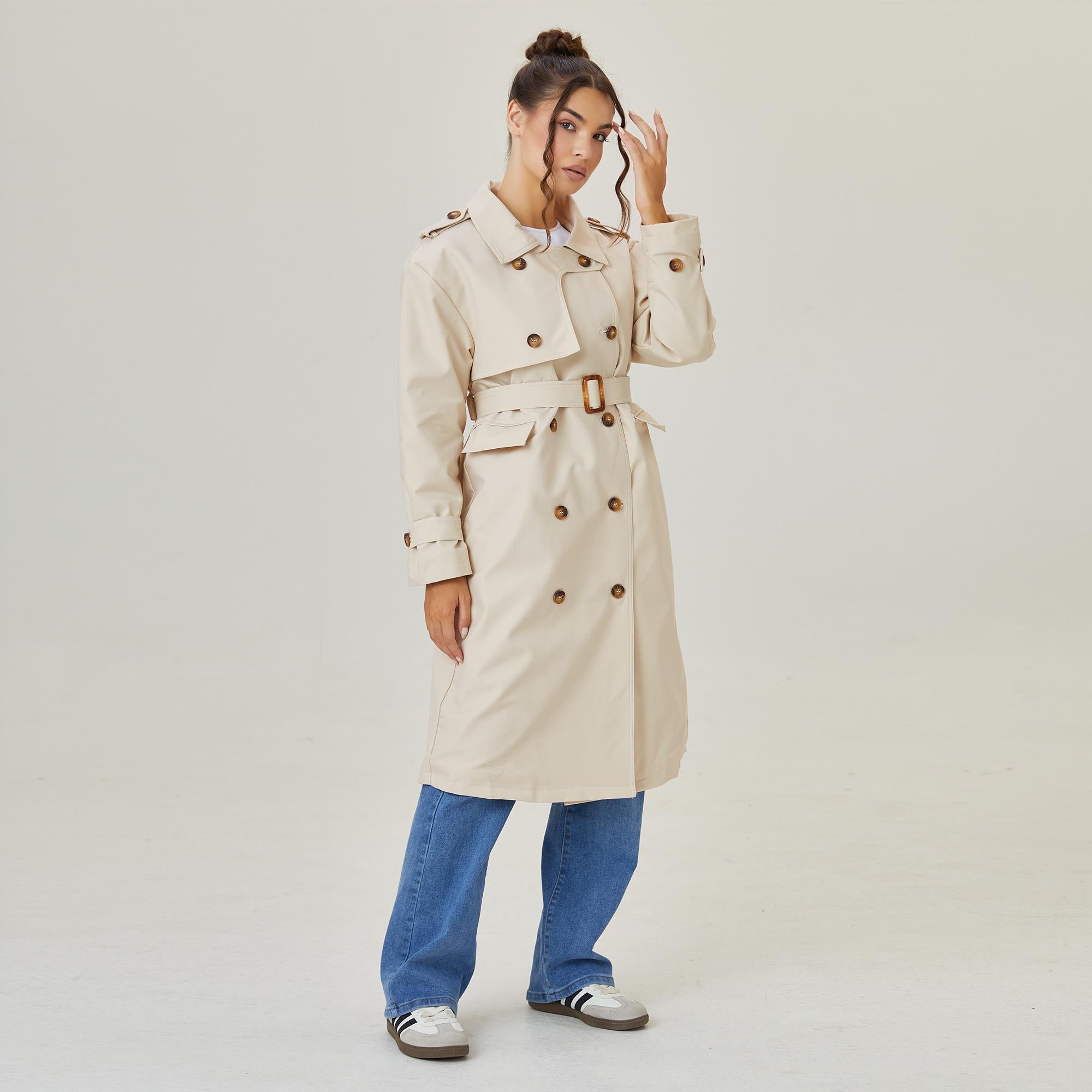 KATCH ME Women's Classy Solid Color Double Breasted Long Sleeve Belt Decor Fleece Trench Coat with Fleece-Lined  50.99