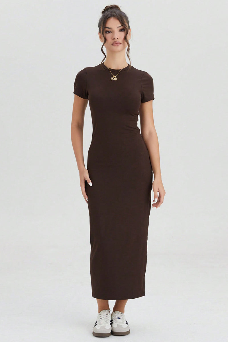 Katchme Plain Round Neck Short Sleeve Bodycon Maxi Dress