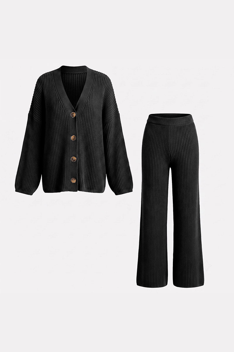 KATCH ME Comfort Knit V-Neck Minimalist Cardigan Wide Leg Trouser Co-ord