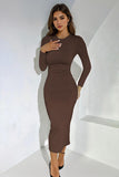 Elegant Solid Round Neck Long Sleeve Slinky Maxi Dress