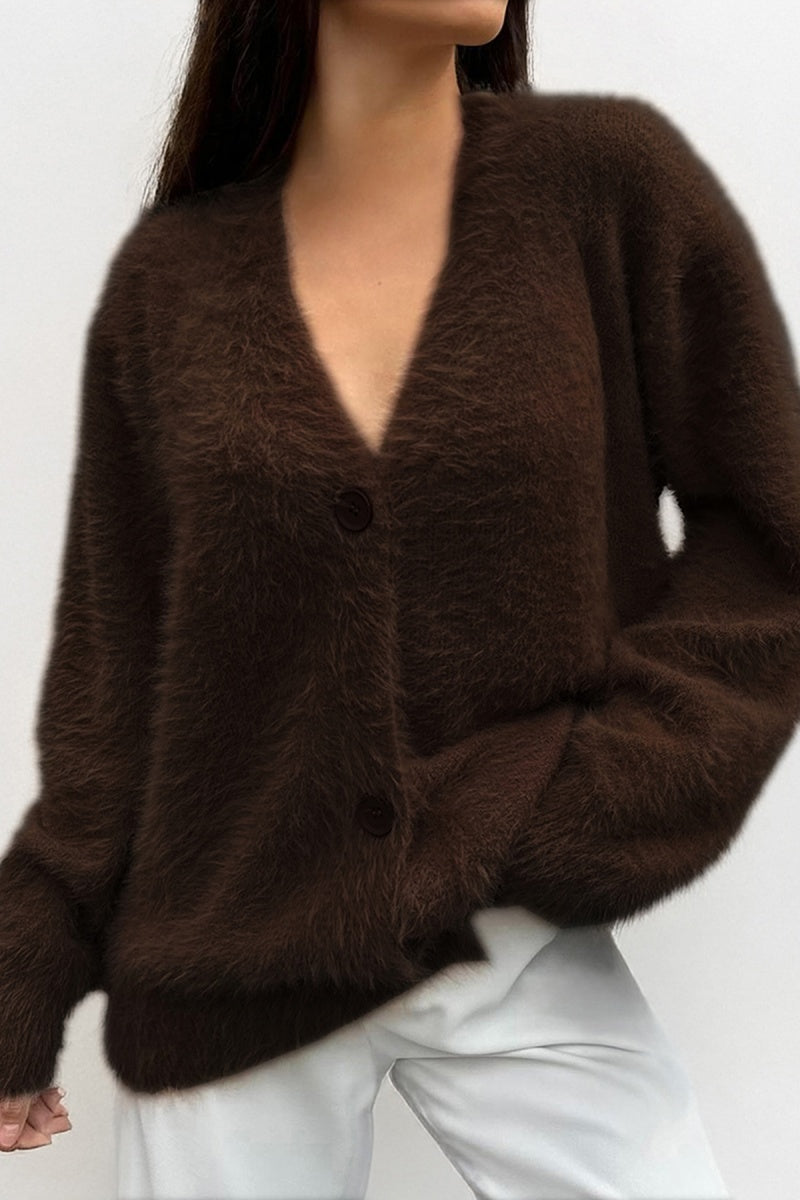 KatchMe Women's Elegant Solid Color V Neck Long Sleeve Faux Fur Button-Up Loose Cardigan, Slouchy Fall & Winter Cozy Outerwear for Women