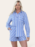 Trendy Color Matching Stripe Patch Pocket Button-Up Long Sleeve Shirt & Wide Leg Shorts Co-ord