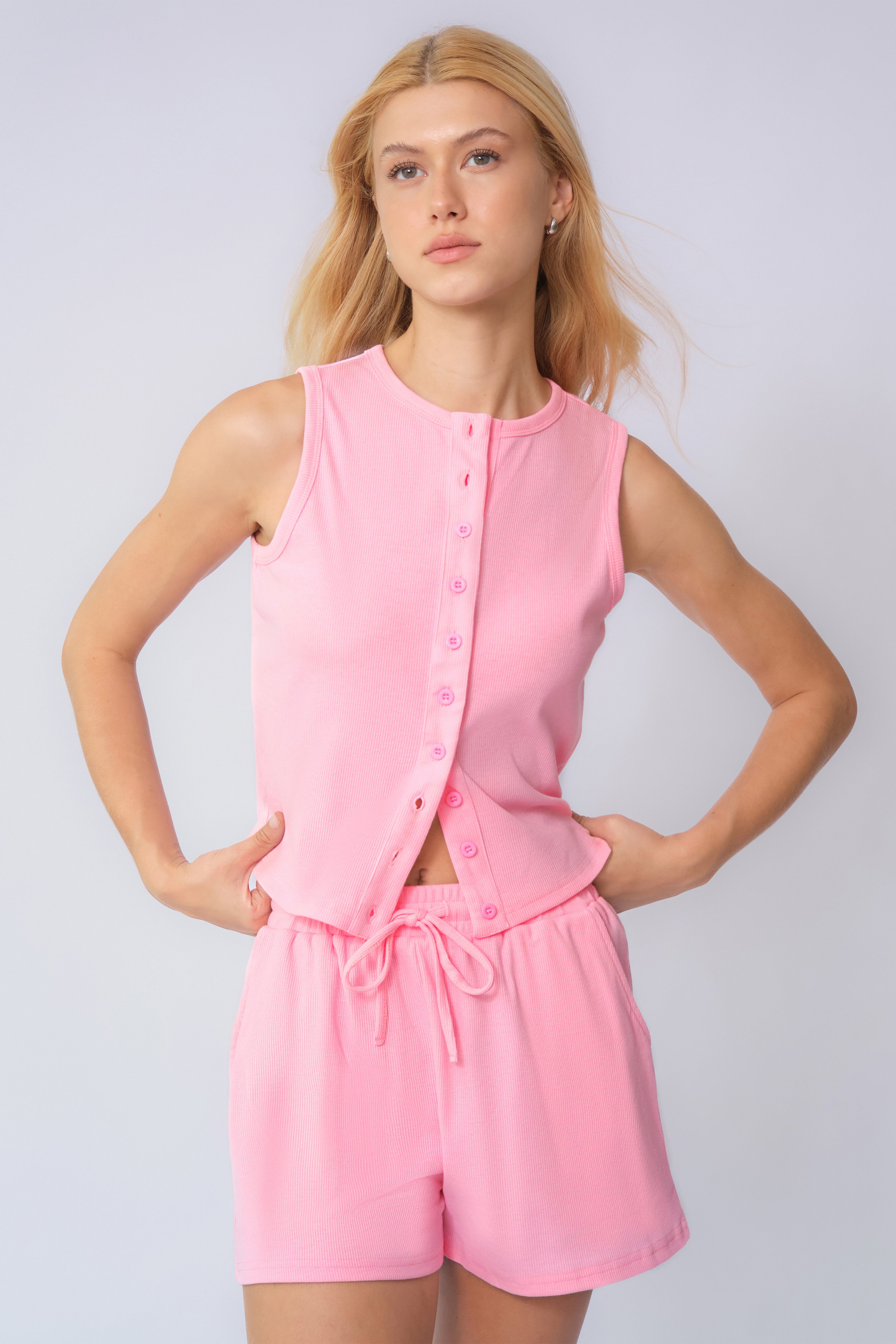 KATCH ME Minimalist Button-Up Tank Top & Drawstring Waist Shorts Co-ord  25.99
