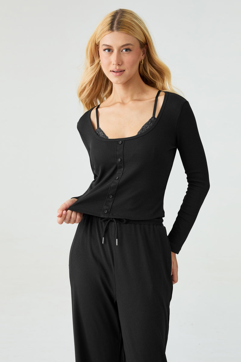 KATCH ME U-Neck Long Sleeve Top & Drawstring Waist Trousers with Lace Trim Camisole Three-Piece Set