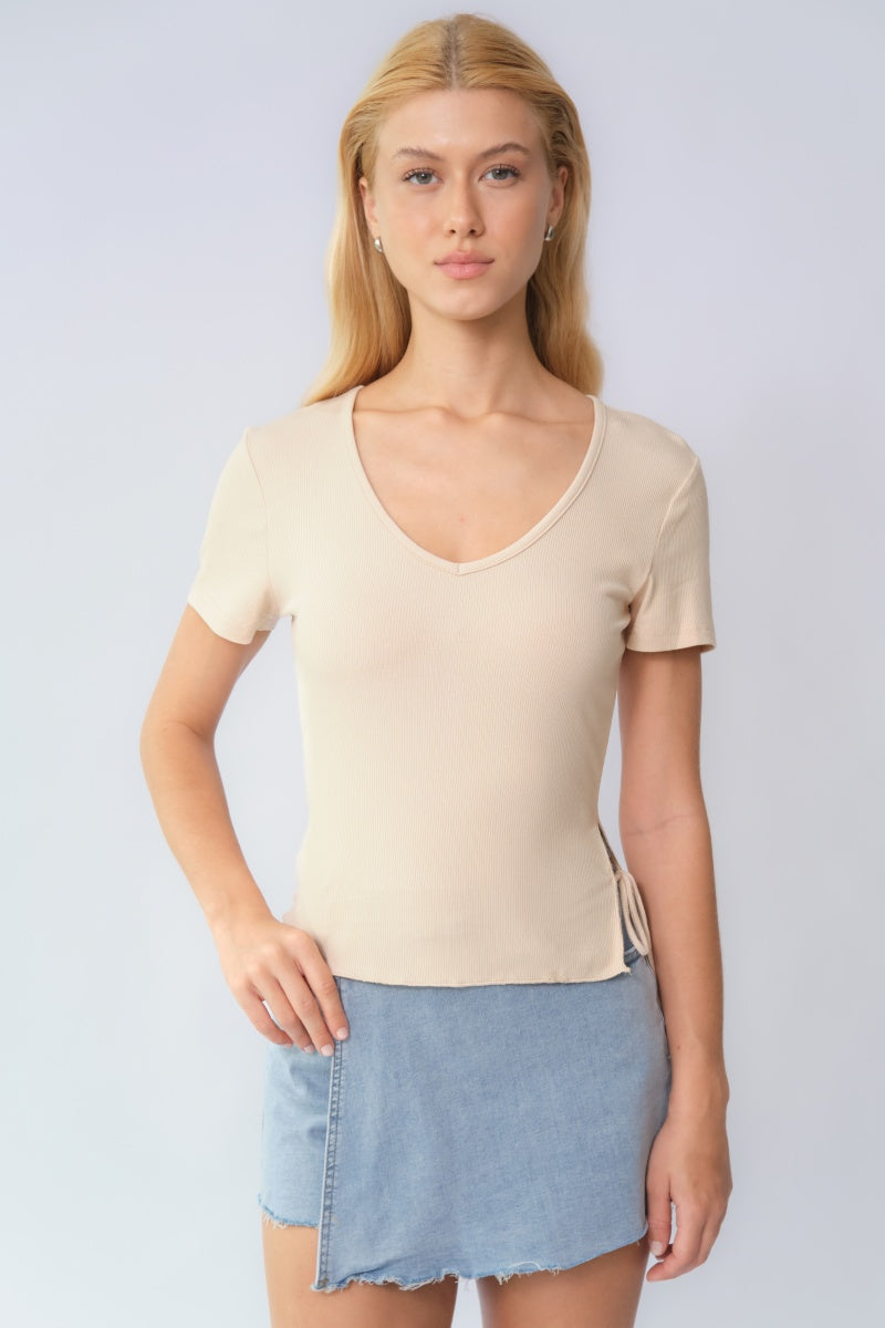 KatchMe Women's Elegant Solid Color V Neck Short Sleeve Side Drawstring Slim Top, Lady Slim-fitting Top for Daily Holiday Wear, Spring & Summer Tops