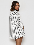 Trendy Color Matching Stripe Patch Pocket Button-Up Long Sleeve Shirt & Wide Leg Shorts Co-ord