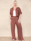 Women's Versatile Short Sleeve Button Crop Top & Wide Leg Trousers Co-ord