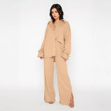 Commuter Solid Collared Tie-Up Long Sleeve Button Shirt & Wide Leg Trousers Co-ord