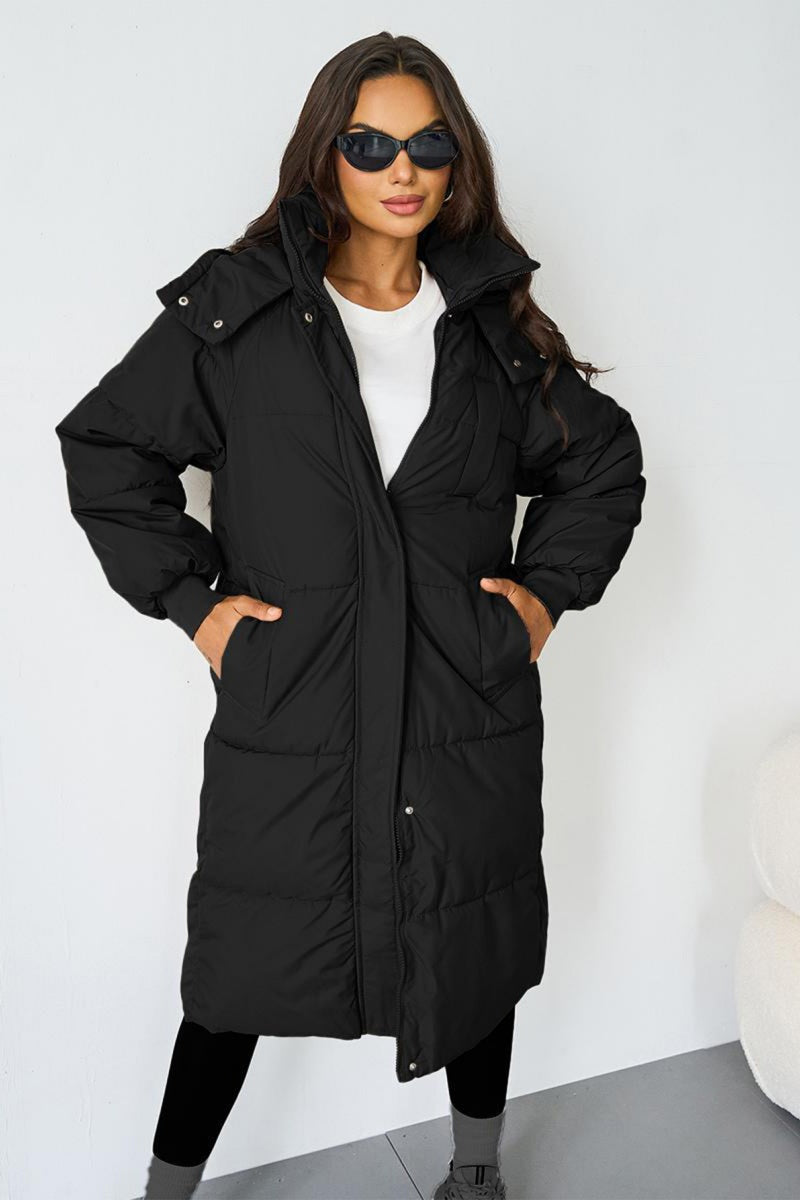Katchme Solid Color Zip-Up Hooded Thermal Loose Winter Coat