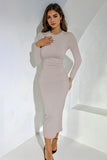 Elegant Solid Round Neck Long Sleeve Slinky Maxi Dress
