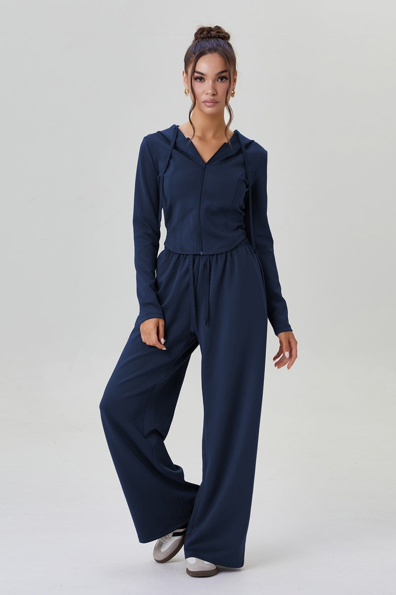 Katch Me Look Women's Casual Solid Color Hooded Zipper Stretch Long Sleeve Top & Wide Leg Trousers Co-ord, Comfort Set for Spring & Fall, Two Piece Outfits