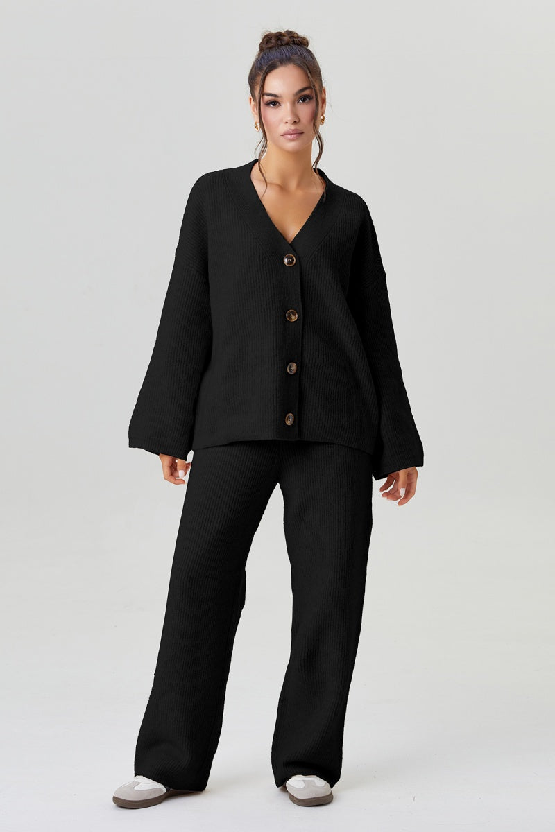 KATCH ME V-Neck Button-Up Cardigan & Stretch Loose Trousers Co-ord Set