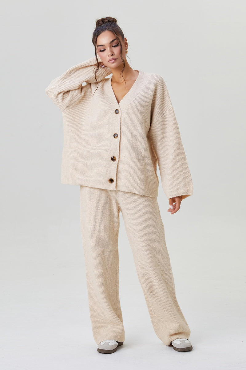KATCH ME V-Neck Button-Up Cardigan & Stretch Loose Trousers Co-ord Set