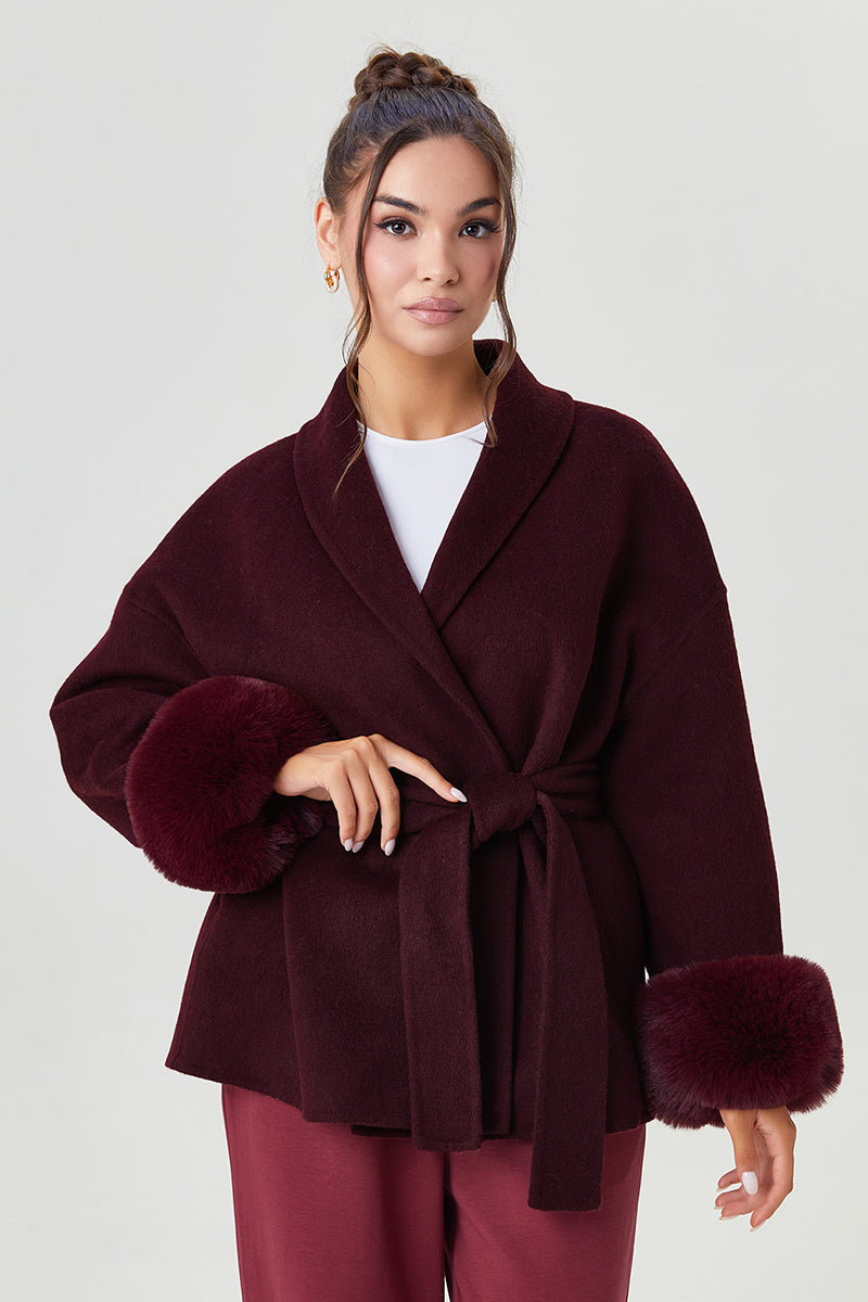 KATCH ME Solid Color Waist Tie Fuzzy Cuff Wrap Coat