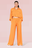 KATCH ME Orange Versatile Half Sleeve Button Crop Top & Elastic Waist Trousers Co-ord Co-ord