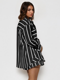 Trendy Color Matching Stripe Patch Pocket Button-Up Long Sleeve Shirt & Wide Leg Shorts Co-ord