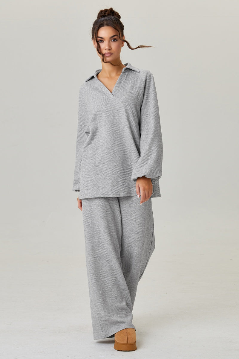 KATCH ME V-Neck Loose Textured Pullover & Drawstring Waist Trousers Co-ord Set
