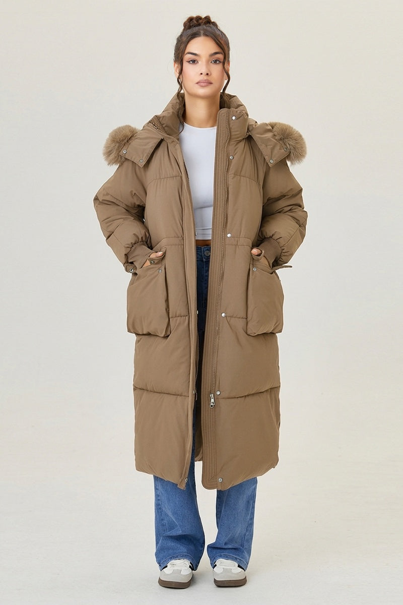 KATCH ME Fluffy Hooded Flap Pocket Zipper Button Thick Coat