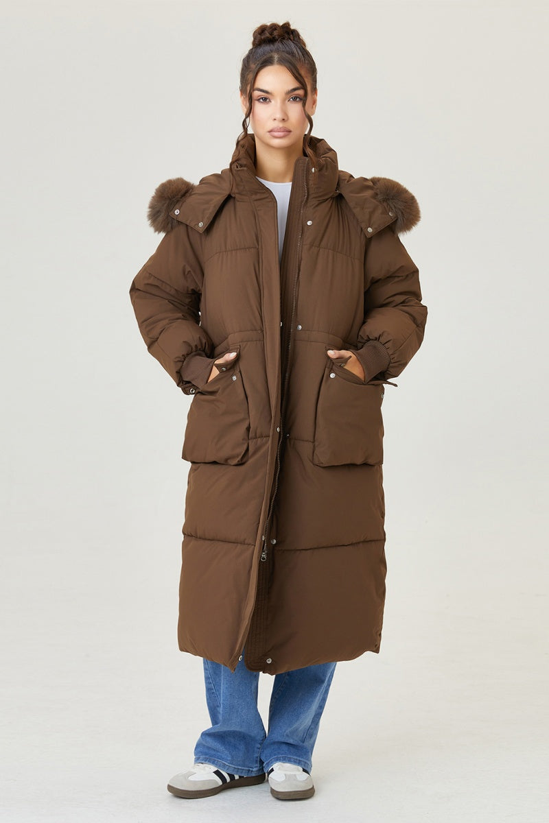 KATCH ME Fluffy Hooded Flap Pocket Zipper Button Thick Coat