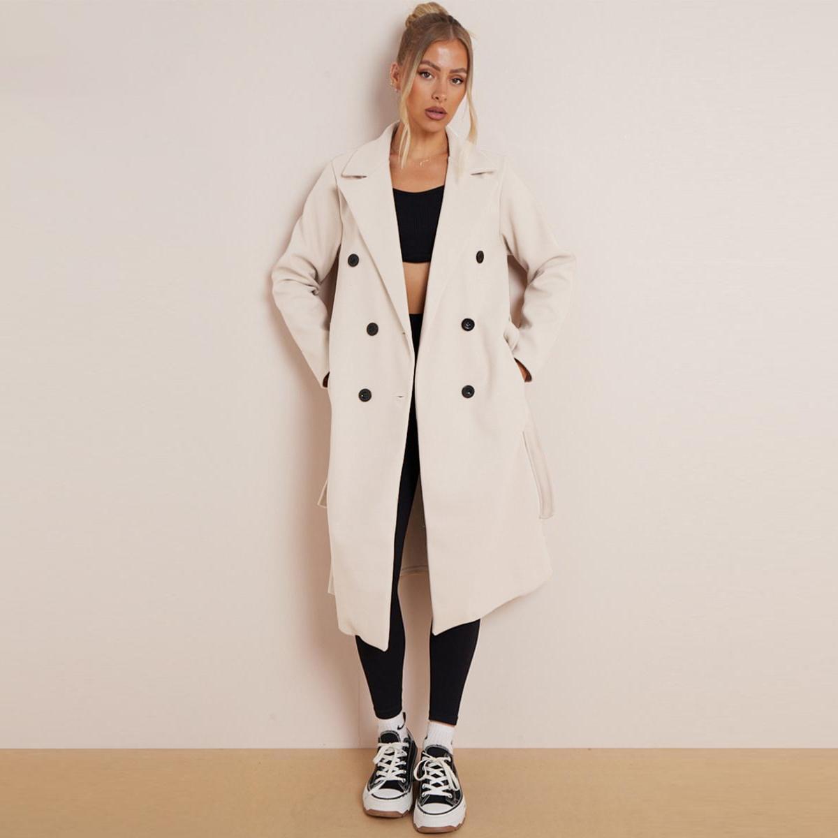 Katchme Thermal Solid Color Notch Lapel Double Breasted Waist Tie Pocket Coat