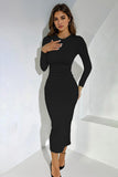 Elegant Solid Round Neck Long Sleeve Slinky Maxi Dress