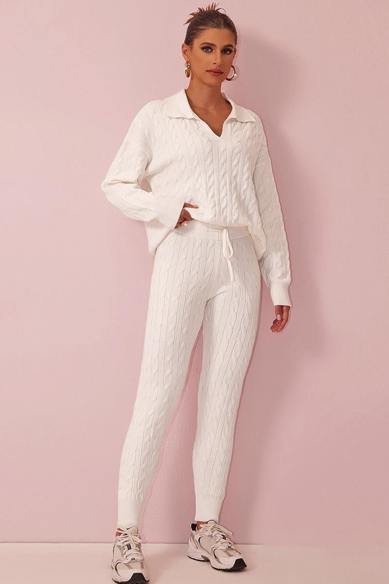 KATCH ME V Neck Cable-Knit Sweater & Drawstring Waist Pants Co-ord Set