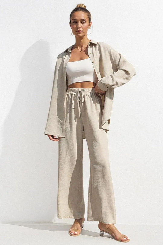Basic Collared Long Sleeve Shirt & Drawstring Waist Trousers Co-ord