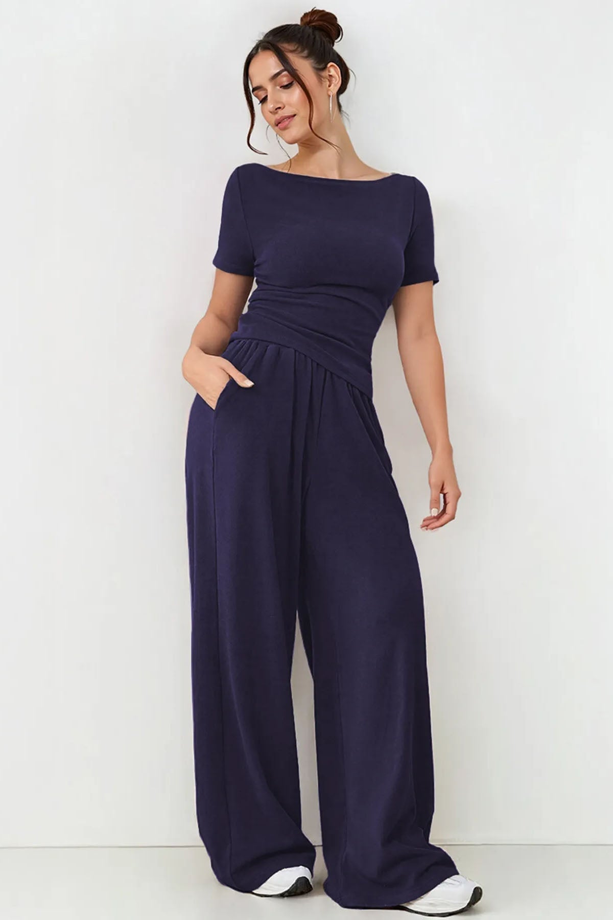 KATCH ME Basic Solid Color Scoop Neck Short Sleeve Slim Top & Wide Leg Pocket Trousers Co-ord  27.99