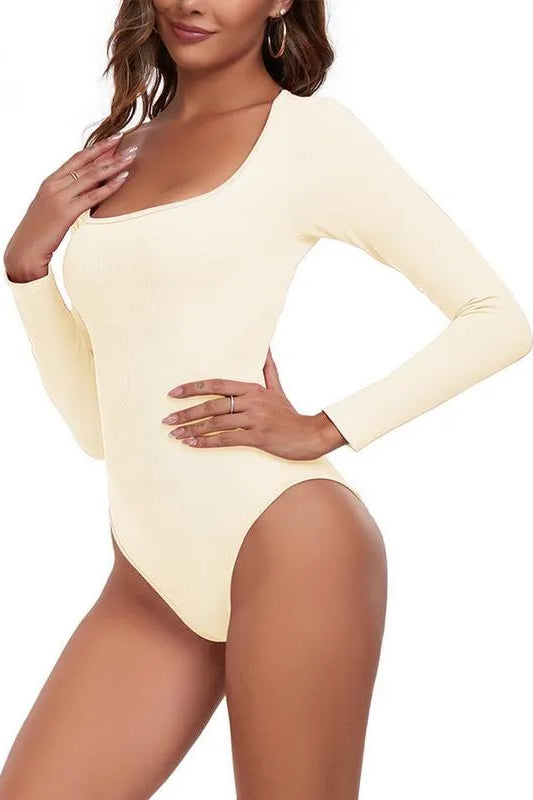 KATCH ME Seamless Solid U Neck Long Sleeve Stretch Bodysuit