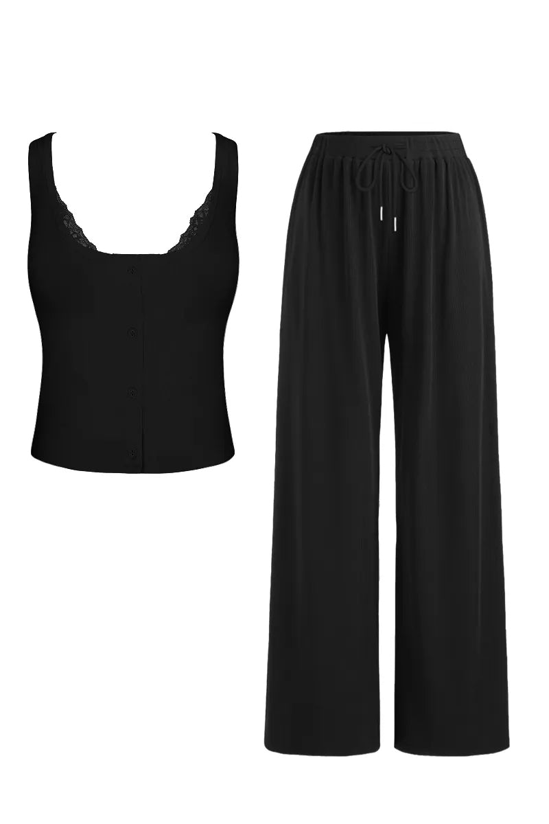KATCH ME Classy U-Neck Button Decor Tank Top & Wide Leg Trousers with Lace Trim Camisole Three-Piece Set  32.99