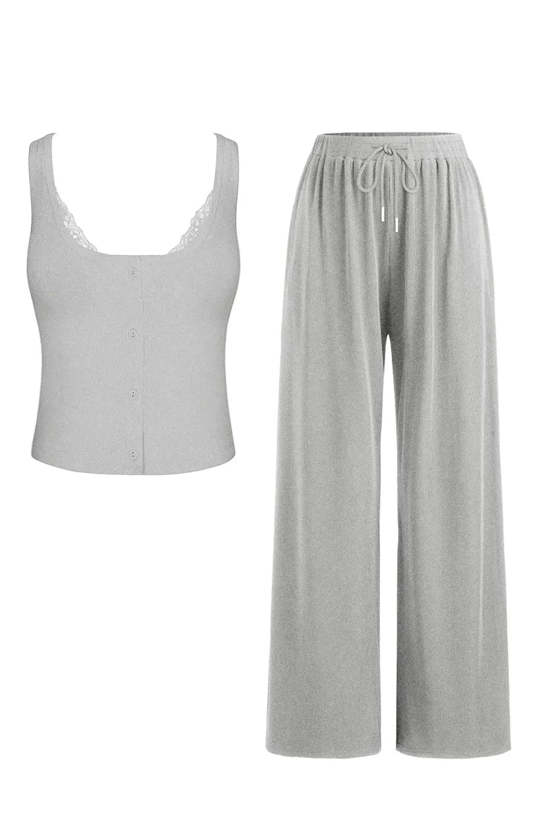 KATCH ME Classy U-Neck Button Decor Tank Top & Wide Leg Trousers with Lace Trim Camisole Three-Piece Set  32.99