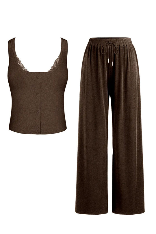 Classy U-Neck Button Decor Tank Top & Wide Leg Trousers with Lace Trim Camisole Three-Piece Set