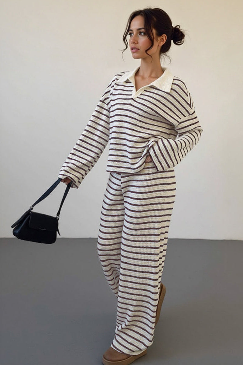 Katchme Classic V-Neck Stripe Long Sleeve Top & Wide Leg Trousers Co-ord Set
