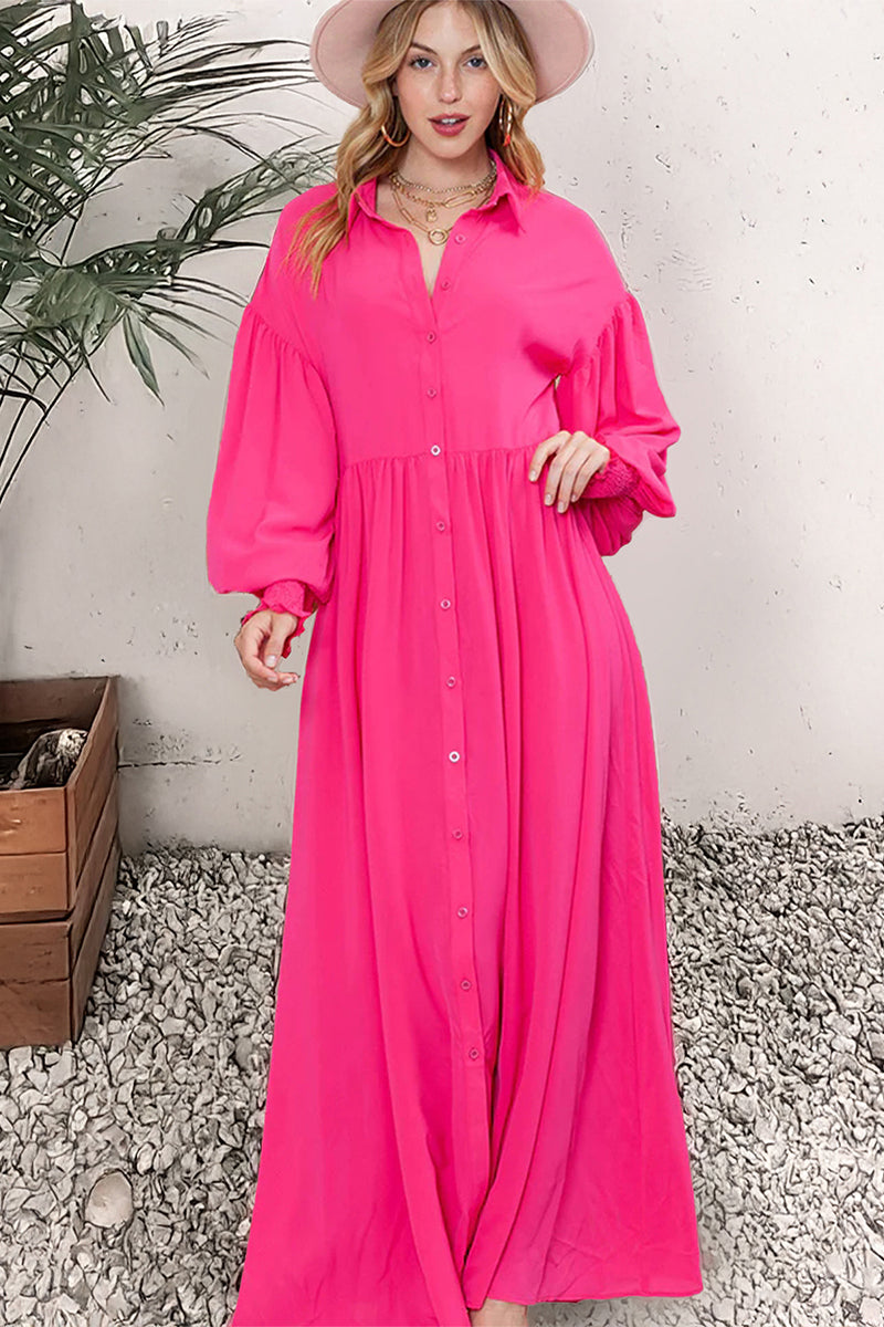 KatchMe Women's Trendy Plain Lapel Balloon Sleeve Button Up Pleated Maxi Dress,Spring & Summer Solid Collared Neck Loose Dress,Basic Womenswear